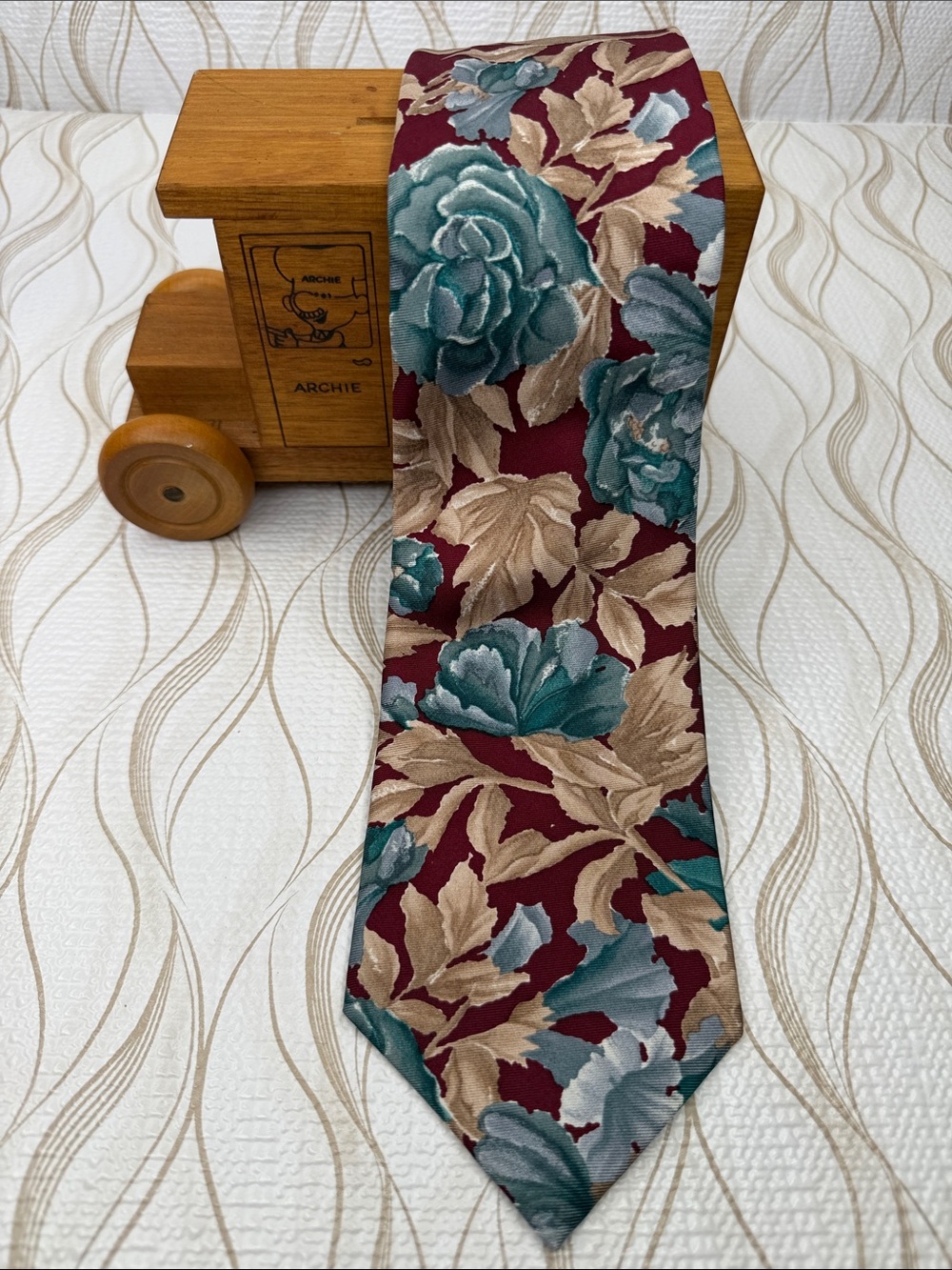 Men's Burgundy Floral Italian Silk Tie with Teal and Beige Accents 4 x 63